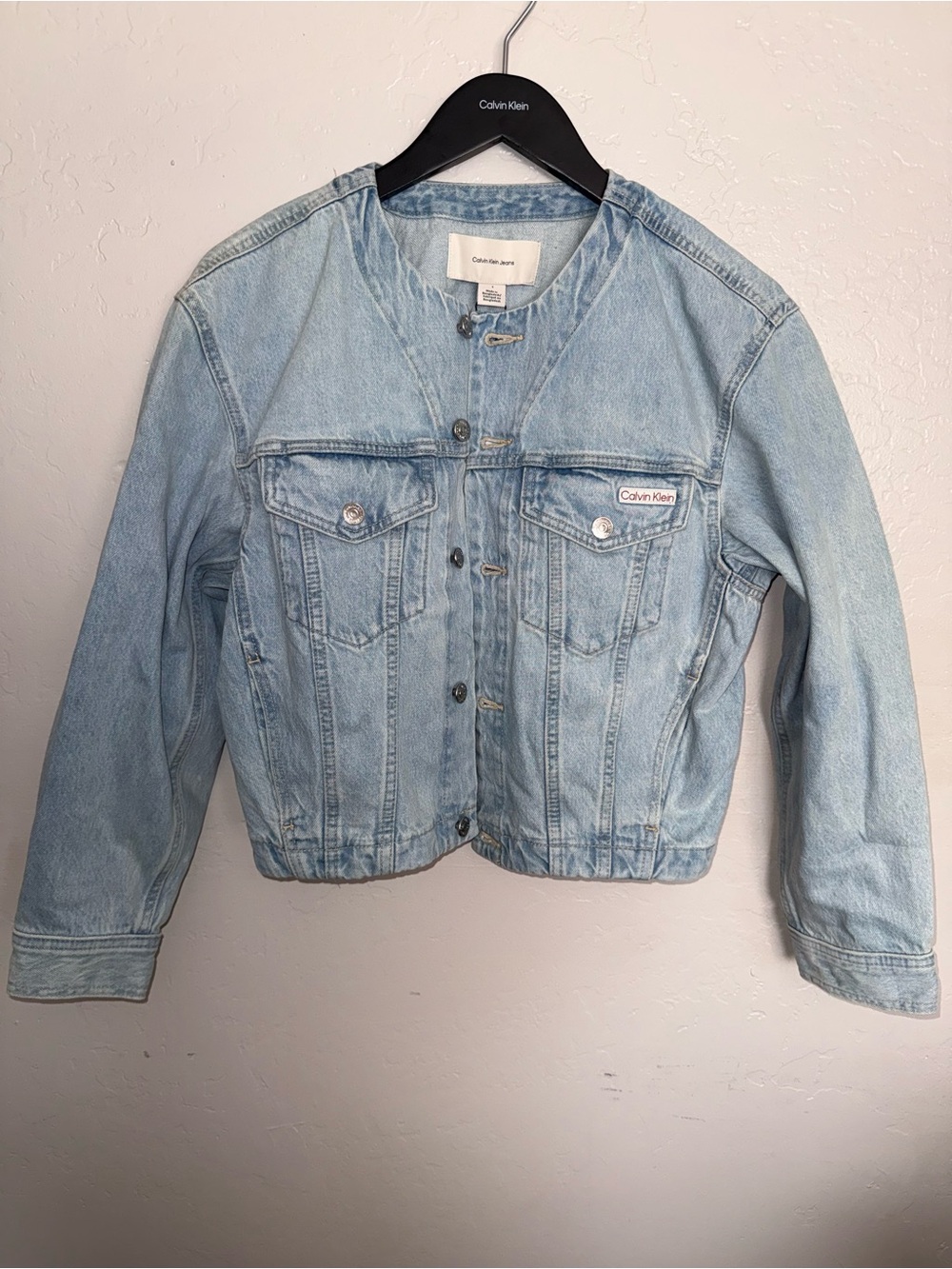 Calvin Klein Jeans Light Wash Collarless Denim Jacket - Light Blue
